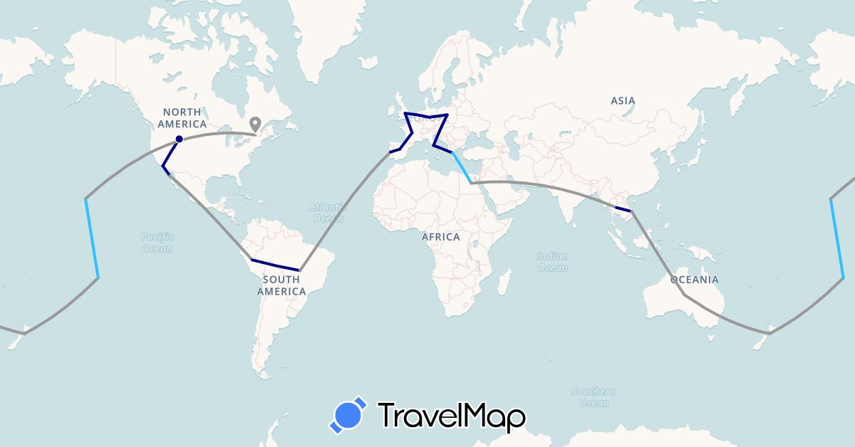 TravelMap itinerary: driving, plane, boat in Australia, Brazil, Canada, Germany, Egypt, Spain, France, United Kingdom, Greece, Italy, Mexico, New Zealand, Peru, French Polynesia, Poland, Portugal, Thailand, United States, Vietnam (Africa, Asia, Europe, North America, Oceania, South America)